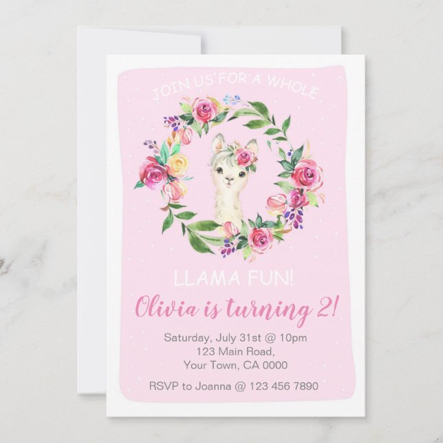 Inbjudan till en flicka på Llama Birthday (Framsida)