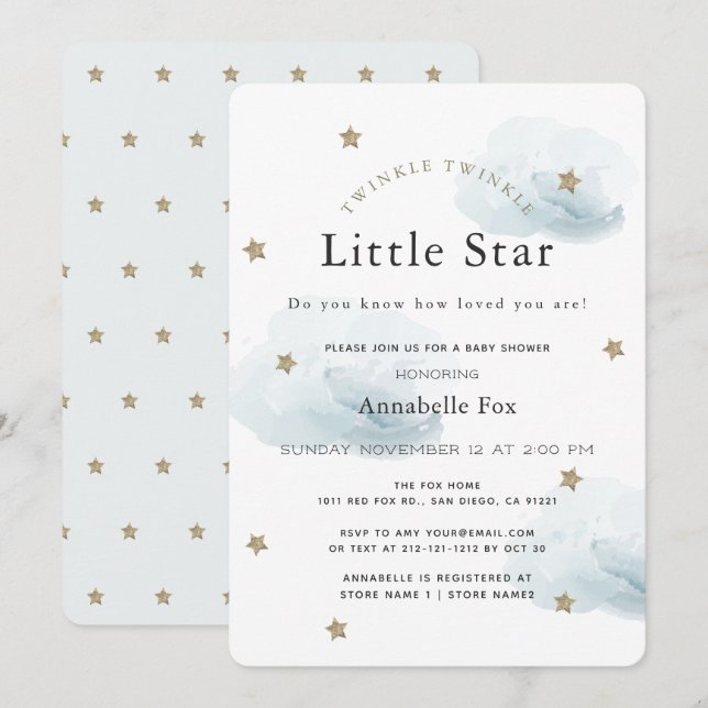 Inbjudan till en liten babystövel med Twinkle Twin (Fram/baksida)