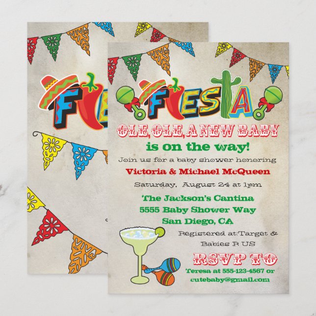 Inbjudan till en mexikansk fiesta Par Baby Shower (Fram/baksida)