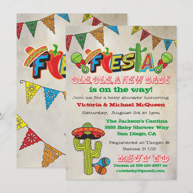 Inbjudan till en mexikansk fiesta Par Baby Shower (Fram/baksida)