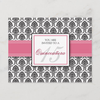 Inbjudan till ENGLISH Rosa ros Damask Quinceanera