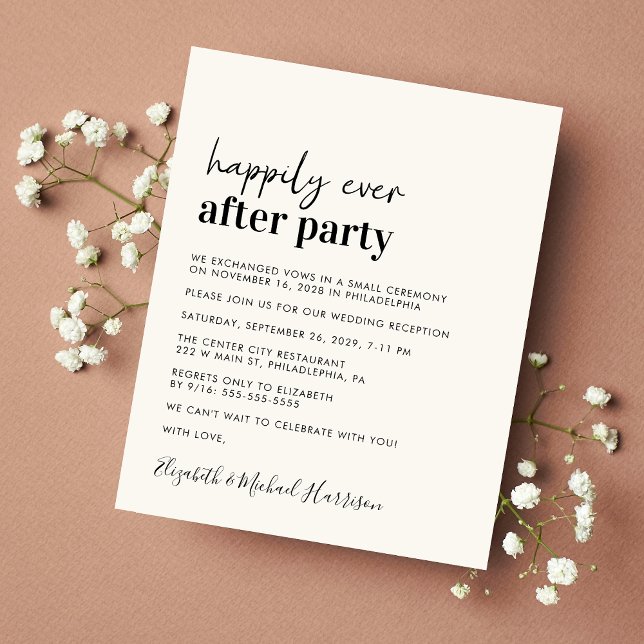 Inbjudan till enkel bröllopsmottagning för budget (A chic and affordable Happily Ever After Party invitation)