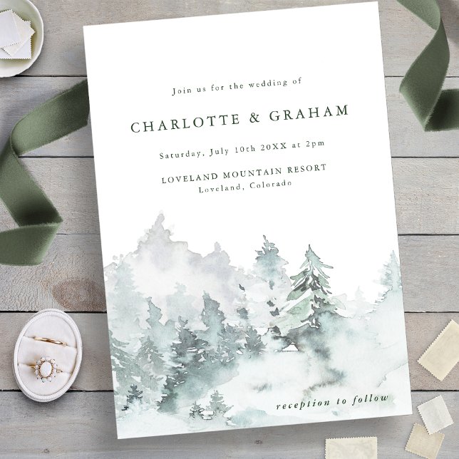 Inbjudan till enkel väderfärgning av skogsbröllop (Green and White - Simple Watercolor Forest Wedding Invitation
)
