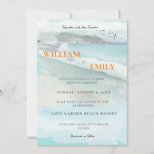 Inbjudan till enkelt Watercolor Coastal Beach Wedd (Framsida)