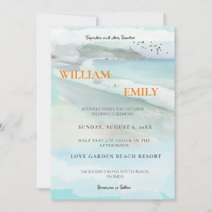 Inbjudan till enkelt Watercolor Coastal Beach Wedd