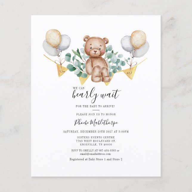 Inbjudan till Eucalyptus Baby Shower Greenery Bear Flygblad (Framsidan)