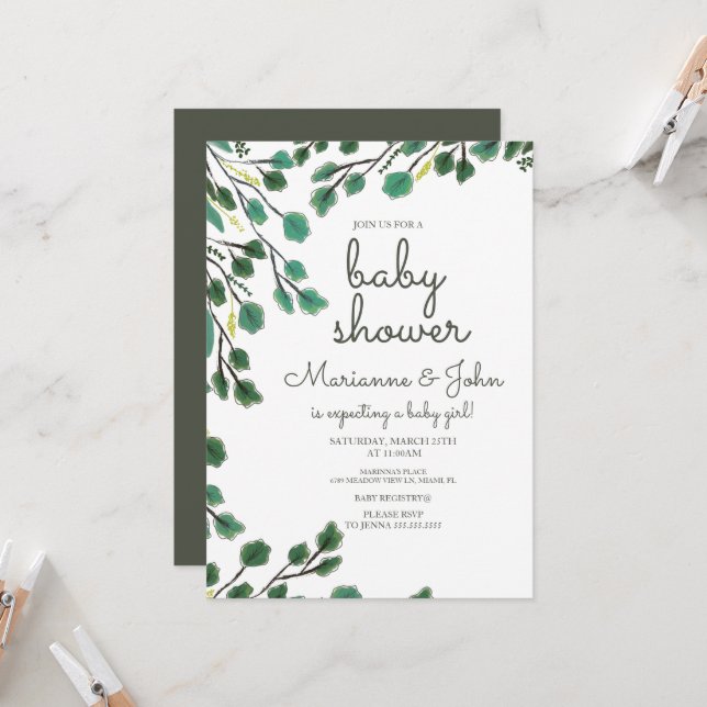 Inbjudan till Eucalyptus Baby Shower Hand plockade (Fram/Back In Situ)