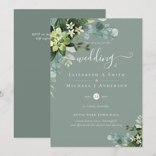 Inbjudan till Eucalyptus Bröllop Watercolor Greene (Fram/baksida)