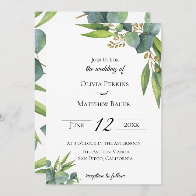 Inbjudan till Eucalyptus Foliage Wedding (Fram/baksida)