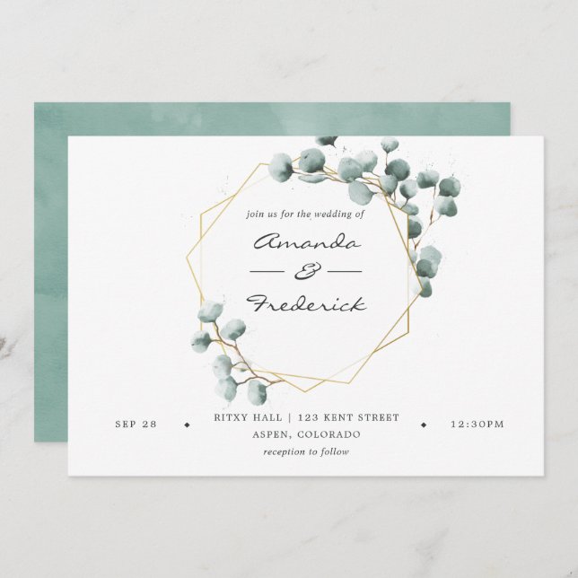 Inbjudan till Eucalyptus Geometric Wedding i vatte (Fram/baksida)