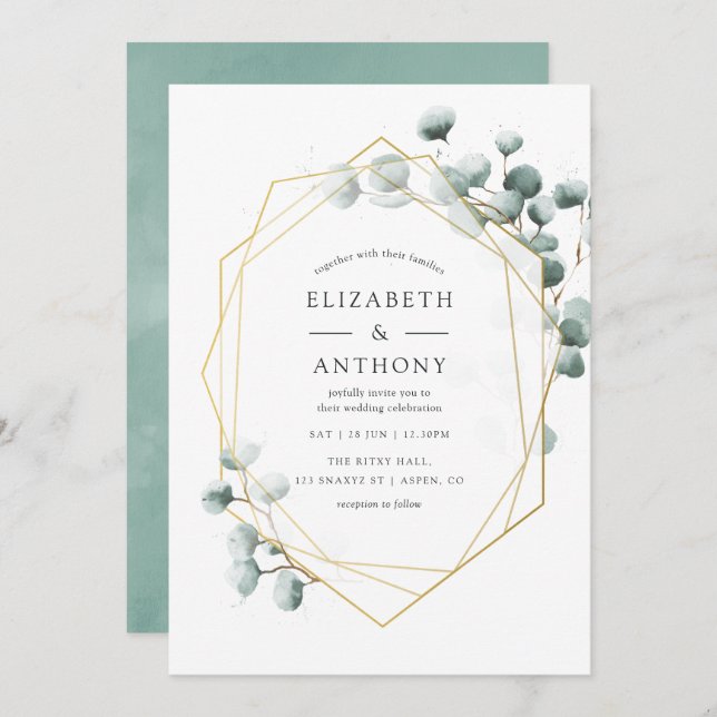 Inbjudan till Eucalyptus Geometric Wedding i vatte (Fram/baksida)