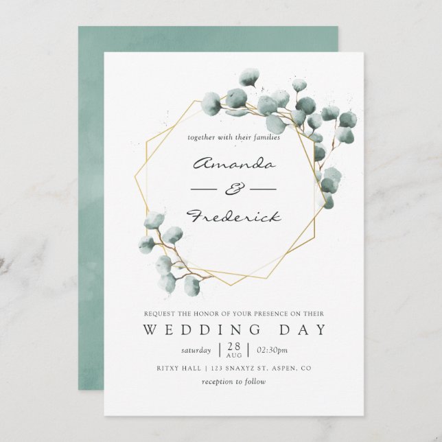 Inbjudan till Eucalyptus Geometric Wedding i vatte (Fram/baksida)