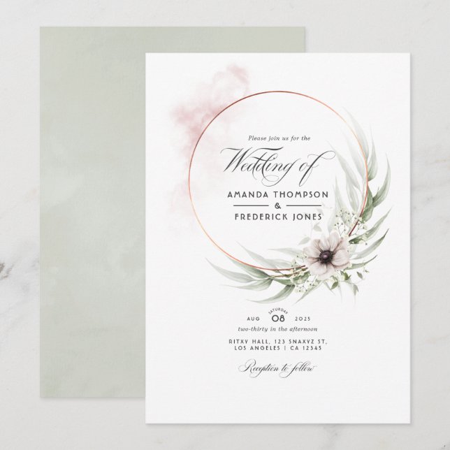 Inbjudan till Eucalyptus Geometric Wedding i vatte (Fram/baksida)