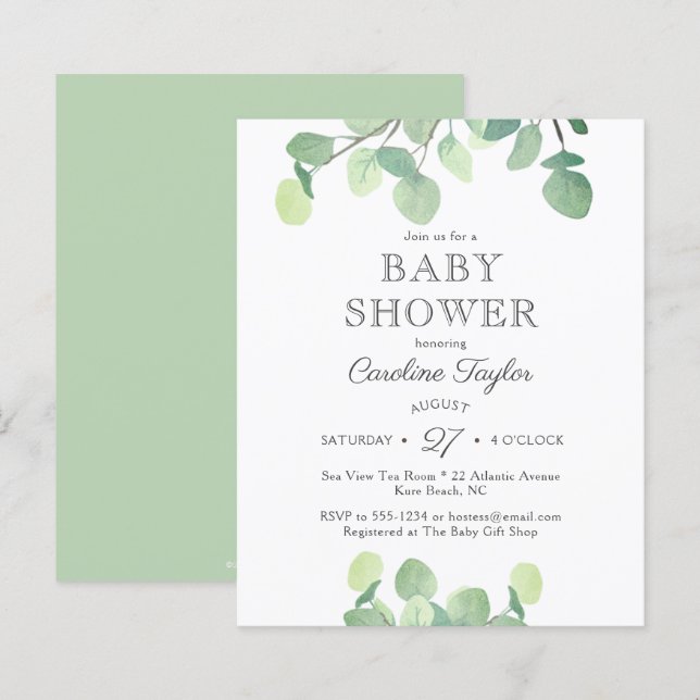 Inbjudan till Eucalyptus Greenery Baby Shower (Fram/baksida)