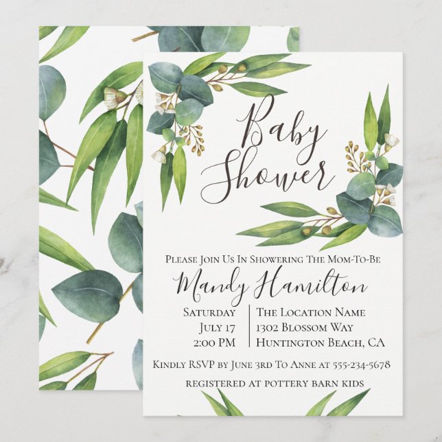 Inbjudan till Eucalyptus Greenery Baby Shower (Fram/baksida)