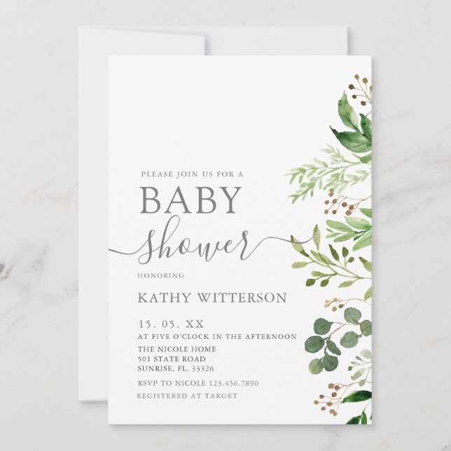 Inbjudan till Eucalyptus Greenery Baby Shower (Framsida)