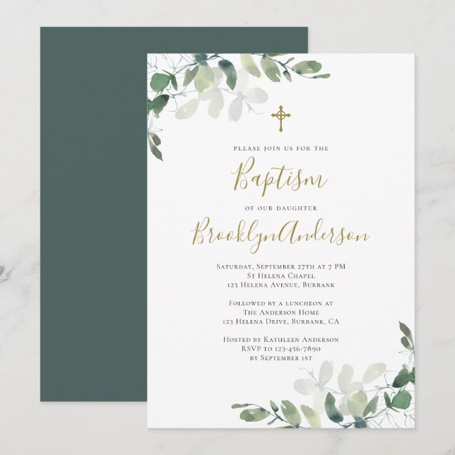 Inbjudan till Eucalyptus Greenery Baptism (Fram/baksida)