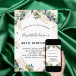 Inbjudan till Eucalyptus greenery glitter<br><div class="desc">För en 40:e (eller någon ålder) födelsedagsfest. En vit bakgrund som dekorerats med eukalyptus greenery och gyllene löv. Dekorerad med faux golden glitter. Anpassa och lägg till information om namn och bröllop. Svart och guldfärgad färgad brev. Bakåt: vit bakgrund.</div>