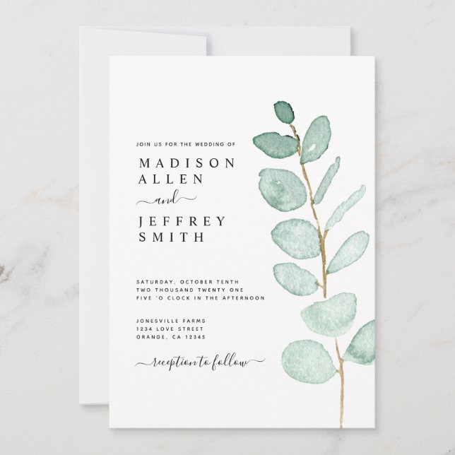 Inbjudan till Eucalyptus Greenery minimalist Weddi (Framsida)