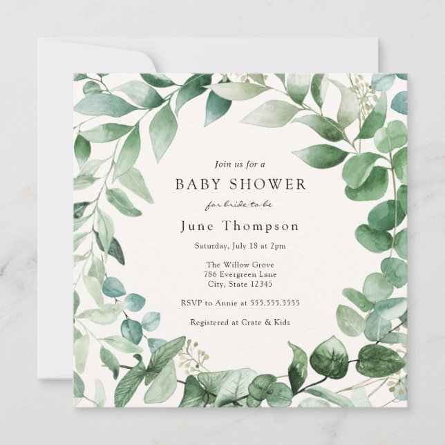 Inbjudan till Eucalyptus Greenery Wand Baby Shower (Framsida)