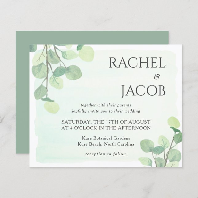 Inbjudan till Eucalyptus Greenery Watercolor Weddi (Fram/baksida)