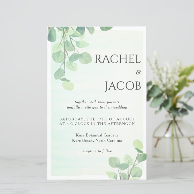 Inbjudan till Eucalyptus Greenery Watercolor Weddi (Stående Fram)