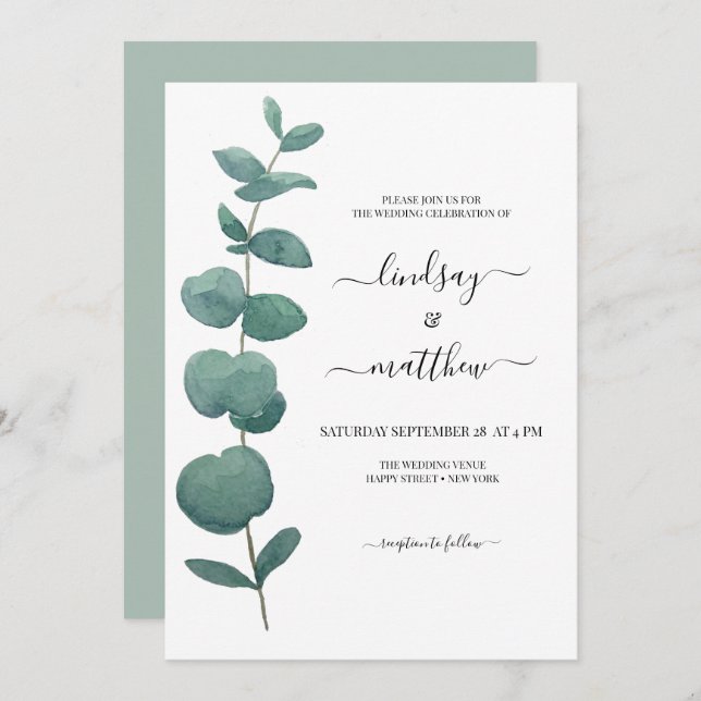 Inbjudan till Eucalyptus Greenery Wedding (Fram/baksida)