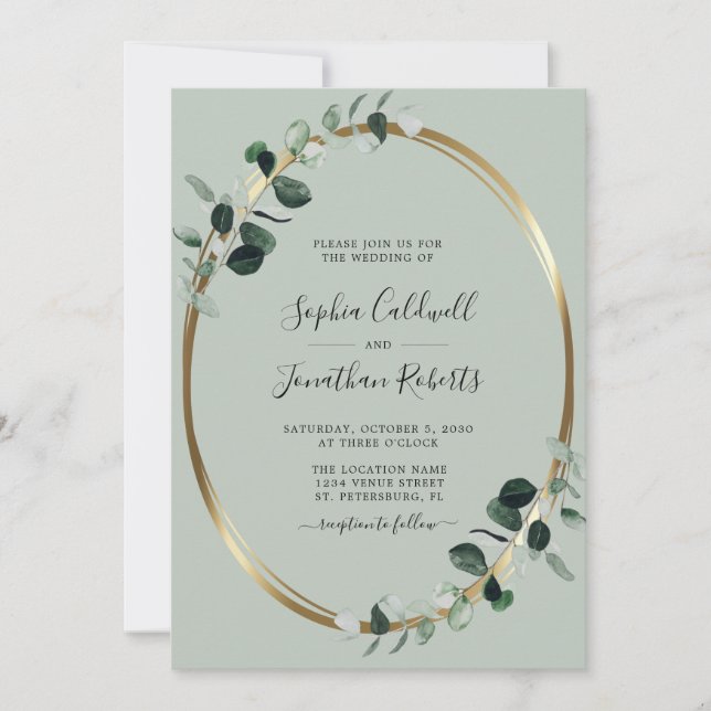 Inbjudan till Eucalyptus Sage Guld Metallic Weddin (Framsida)