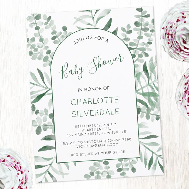 Inbjudan till Eucalyptus Watercolor Baby Shower (Eucalyptus greenery watercolor elegant baby shower invitation postcard)