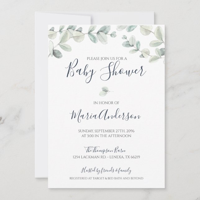 Inbjudan till Eucalyptus Watercolor Baby Shower (Framsida)