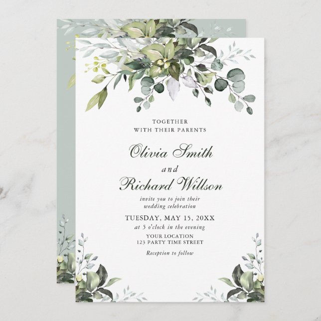 Inbjudan till Eucalyptus Watercolor Wedding (Fram/baksida)