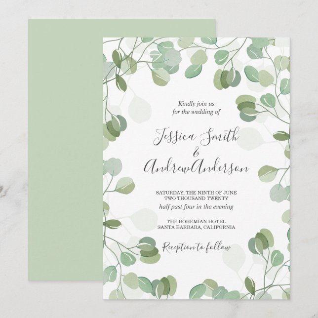 Inbjudan till Eucalyptus Wedding Rustic Greenery B (Fram/baksida)