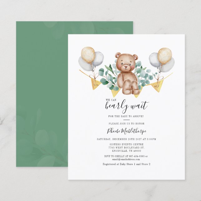 Inbjudan till eukalyptus Bear Baby Shower (Fram/baksida)