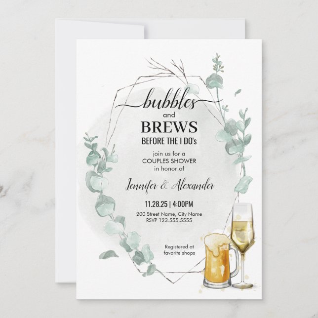 Inbjudan till eukalyptus Bubbles & Brews Shower (Framsida)