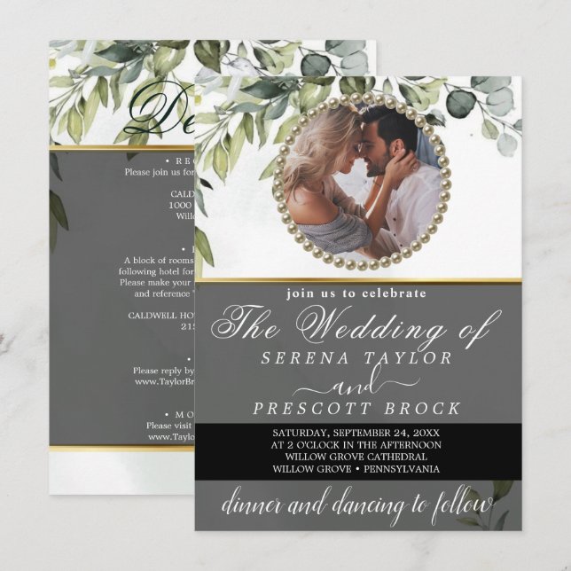 Inbjudan till eukalyptus Greenery Photo Wedding (Fram/baksida)