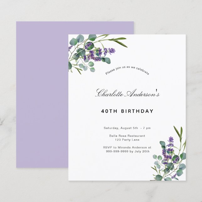 Inbjudan till eukalyptus lavender för budgetfödels (Fram/baksida)