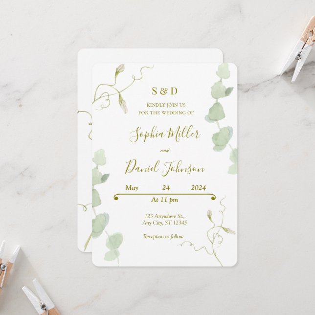 Inbjudan till eukalyptus och blooms-bröllop (Fram/Back In Situ)