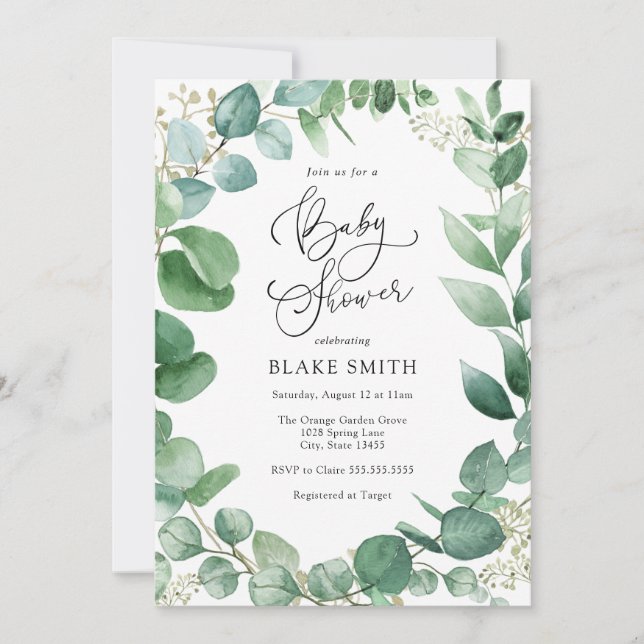 Inbjudan till eukalyptus och Greenery Baby Shower (Framsida)