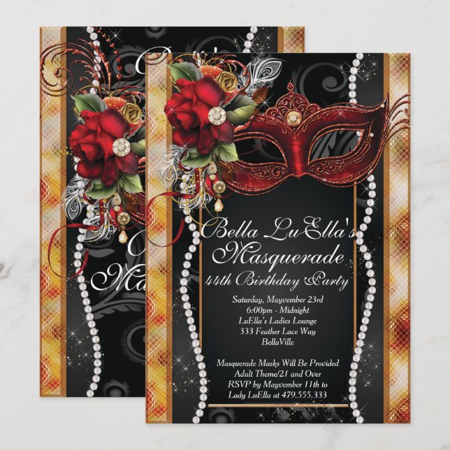 Inbjudan till evenemangspartiet Masquuppad Birthda (Fram/baksida)