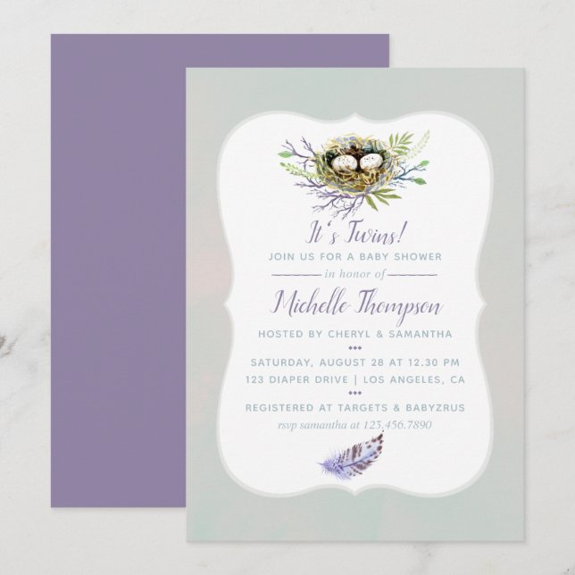 Inbjudan till fågelgäster, babyskor för Twillingar (Fram/baksida)