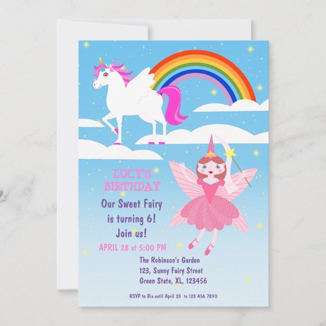 Inbjudan till Fairy and Unicorn Birthday Girl Part (Framsida)