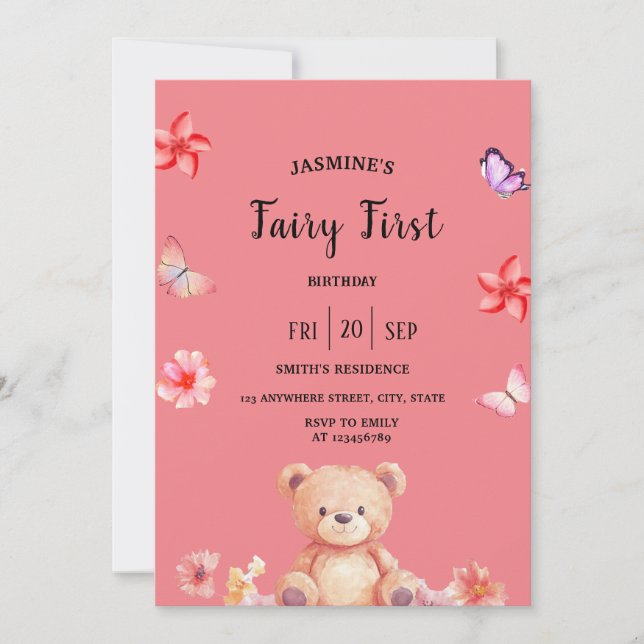 Inbjudan till Fairy First Birthday rosa Party (Framsida)