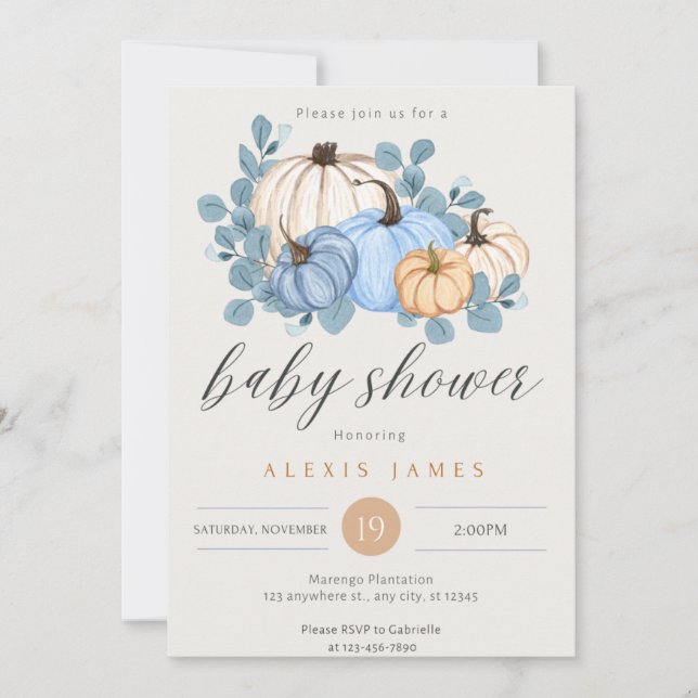 Inbjudan till Fall Blue Pumpkin Baby Shower (Framsida)