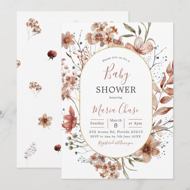 Inbjudan till Fall Boho WidlblommBaby Shower (Fram/baksida)
