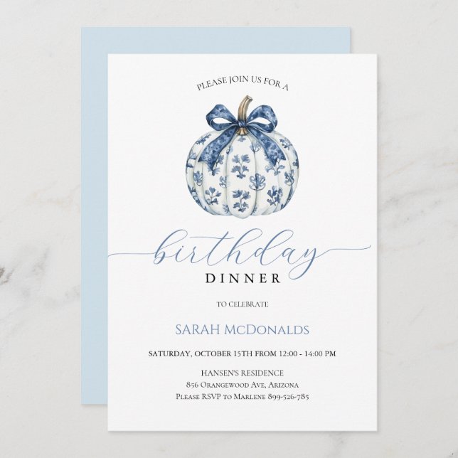 Inbjudan till Fall Pumpkin Woman Birthday Dinner (Fram/baksida)