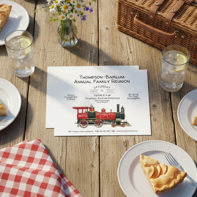 Inbjudan till familjeåterträff med röd tåg (Family Reunion Red Train Invitation Postcard)