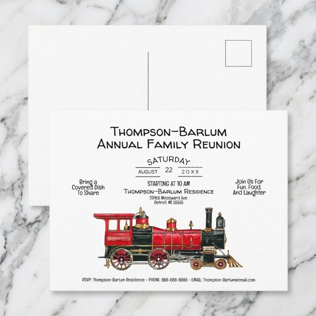 Inbjudan till familjeåterträff Röd tåg (Family Reunion Red Train Invitation Postcard)