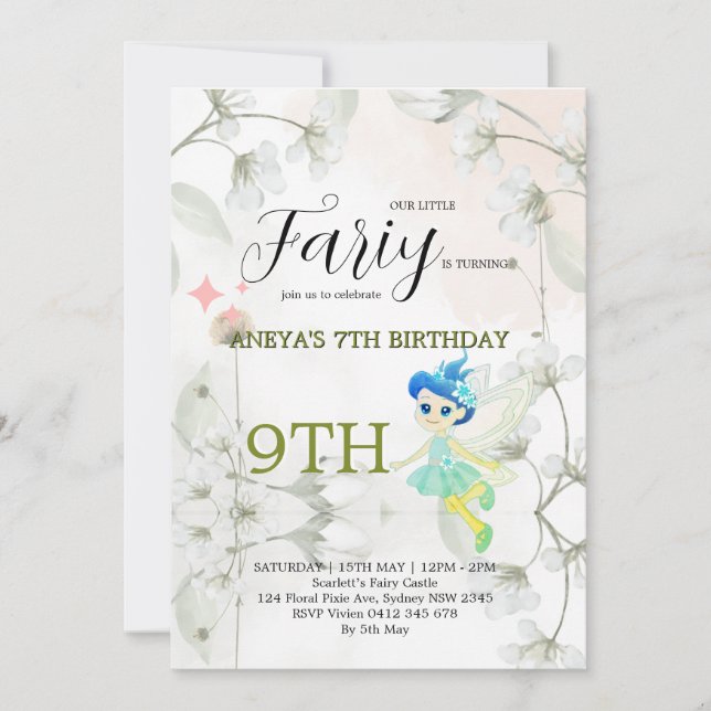 Inbjudan till fantasifull prinsessfés födelsedagsf (Framsida)