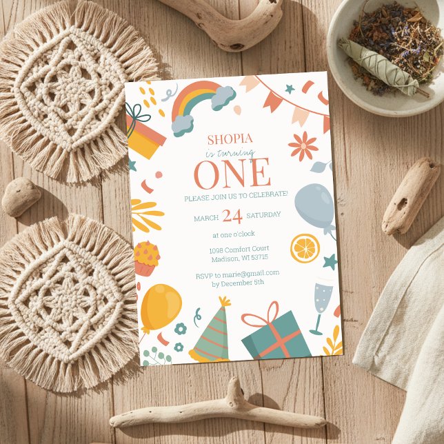 Inbjudan till färgad pastel Doodle 1:a födelsedags (Skapare uppladdad)