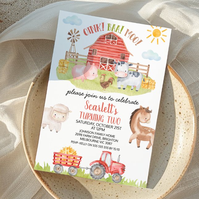 Inbjudan till färgad rödbrun Boskap på födelsedage (Red Barn Tractor Farm Birthday Invitation, Farm Animals Birthday Invite, Oink Baa Moo Invitation)